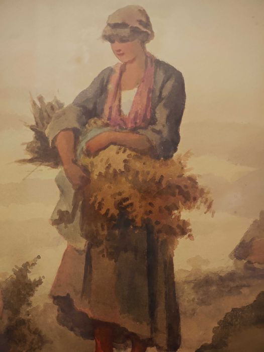 akwarala orginal sygn. XIX w A. Poisson  Zniwiarka - Matka z dzieckiem zbierajaca siano , na tle zabudowan wiejskich   1891