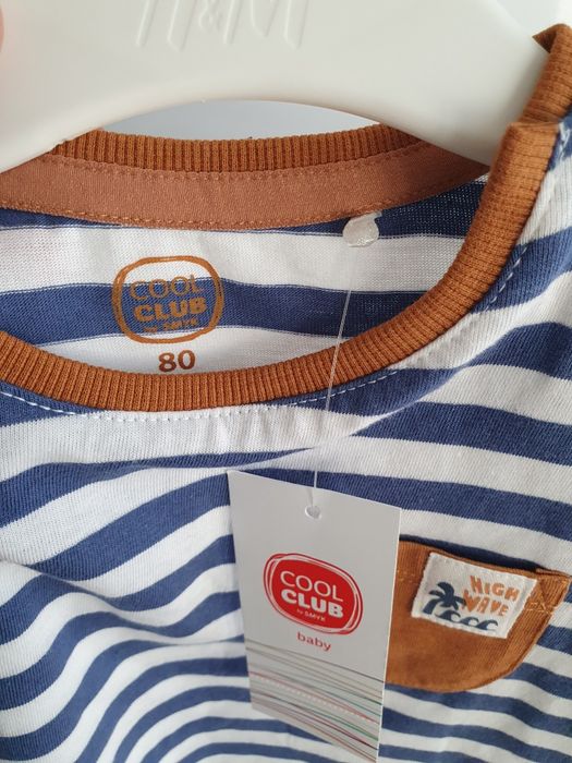 Bluzka T-shirt rozmiar 80 cool club w paski niebieski biały brązowy