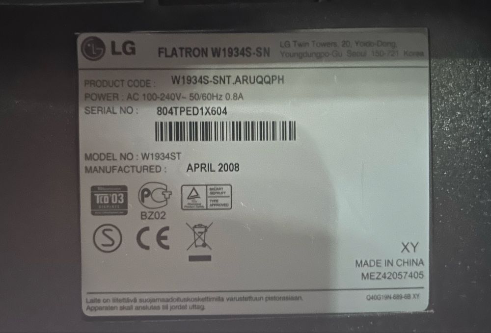 Монітор 19" LG Electronics W1934S-SN Silver