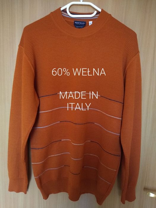 Made in Italy  Męski sweter wełniany 60% nowa wełna 40% akryl, Roz. M