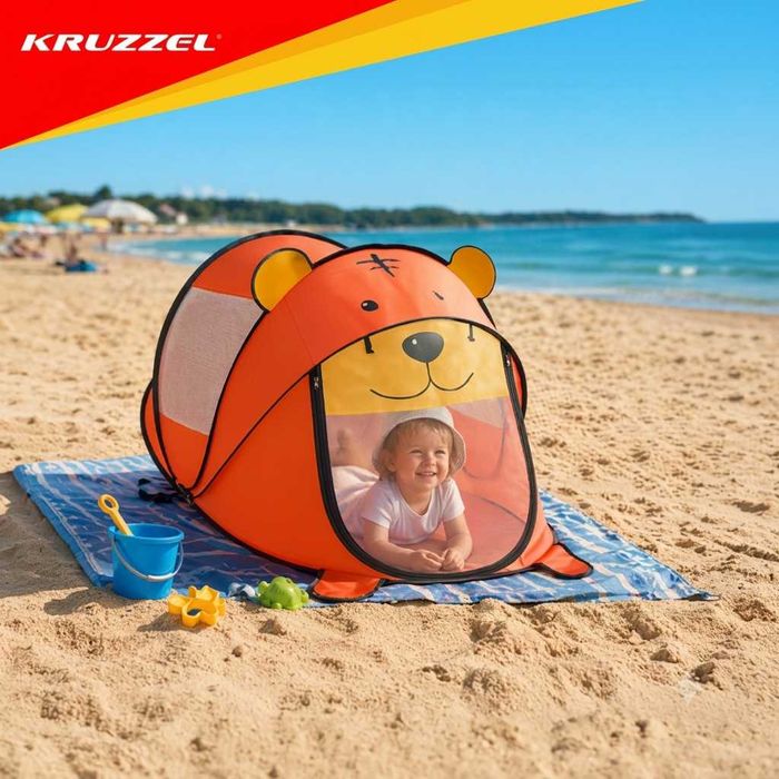 Дитячий саморозкладний пляжний намет Ведмедик Kruzzel (180х95х82 см) Pop-Up ігровий намет для дітей з сіткою та чохлом на пляж від сонця Польща