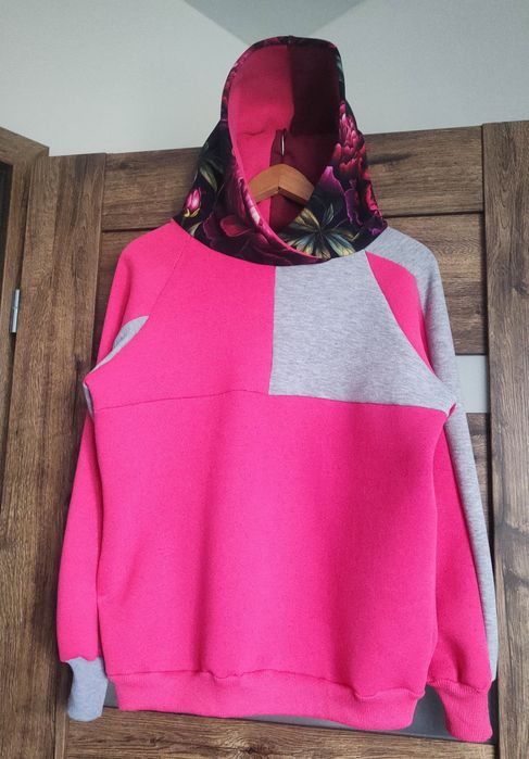 Bluza fuksja szary melanż z kapturem nowa Handmade print kwiatowy Piwo