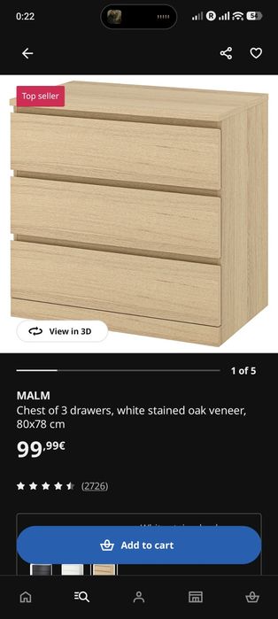 Cómoda IKEA MALM – 3 gavetas (Carvalho)
