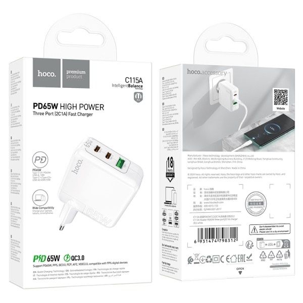 Мощное Зарядное Устройство Носо C115А / PD65W / QC3.0 / 2Type-C + USB