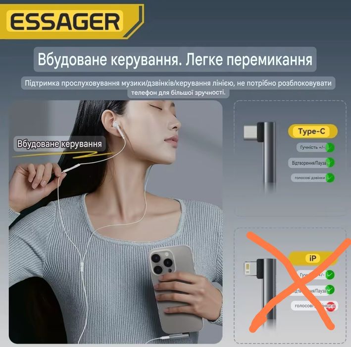 Адаптер Essager Type-C → 3.5 мм (L-подібний) , ЦАП перетворювач, DAC.