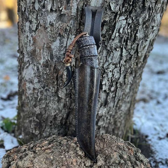 Авторский подарочный нож, дамасская сталь, рог лося