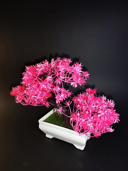 Bonsai Decorativo Rosa — Vaso Branco — 26cm