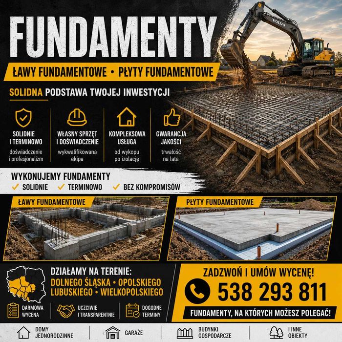 Fundamenty od 150 zł/m² | Ławy i płyty fundamentowe | Realizacja nawet w 7 dni