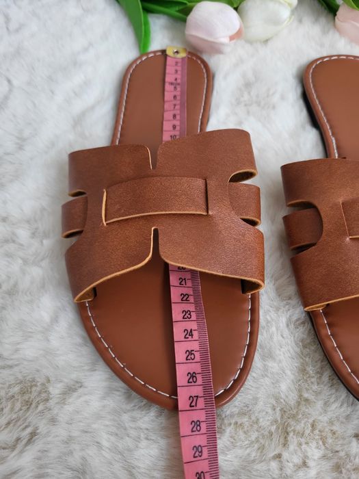 Skórzane klapki damskie hermeski 42 brązowe camel