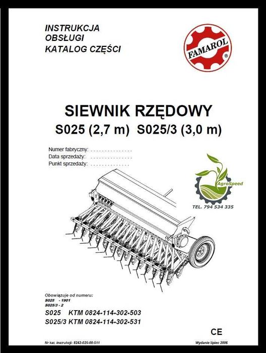 Instrukcja obsługi katalog części siewnik FAMAROL S025, S025/3