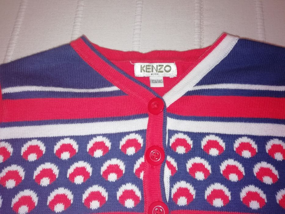 Conj KENZO de menina vestido e casaco em tons de azul e vermelho