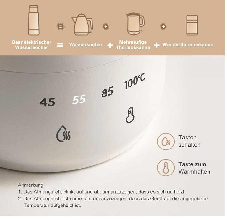 Bear 300 ml 4-temperaturowy, podróżny czajnik elektryczny