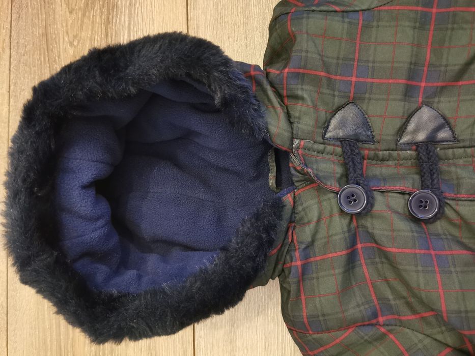 Kombinezon zimowy 56 62 w kratkę z futerkiem, stópkami i rękawiczkami