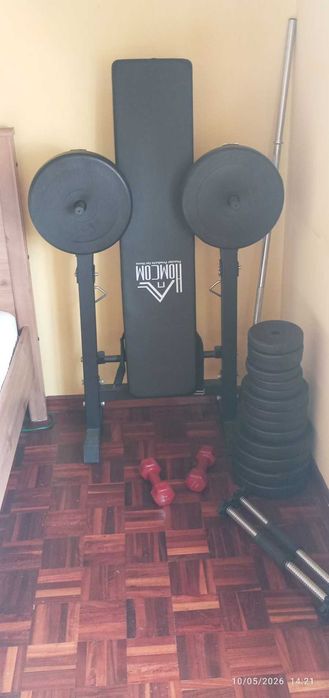 Kit Ginásio 50kg NOVO: Banco Musculação Dobrável HOMCOM + Barras e Pesos