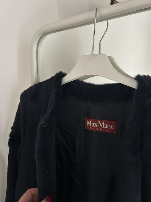 Kożuszek max mara studio naturalny skórzany kożuch czarny płaszcz