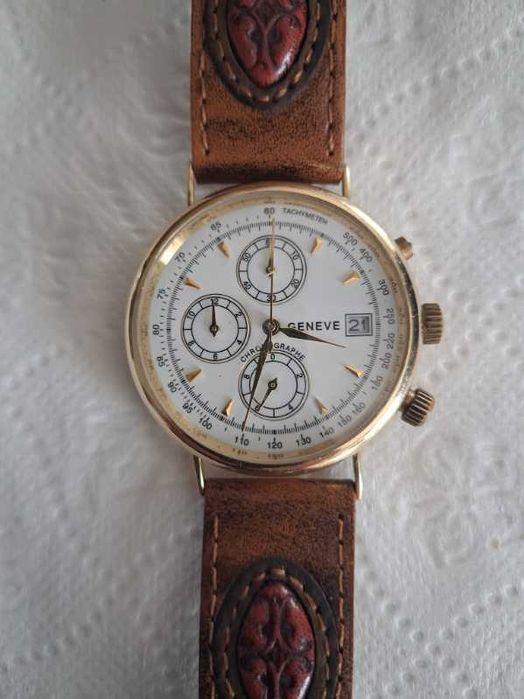 Złoty zegarek GENEVE Chronographe 14K / 585 - Kwarc - Nowy pasek