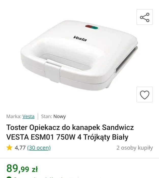 Toster Opiekacz do kanapek Sandwicz VESTA