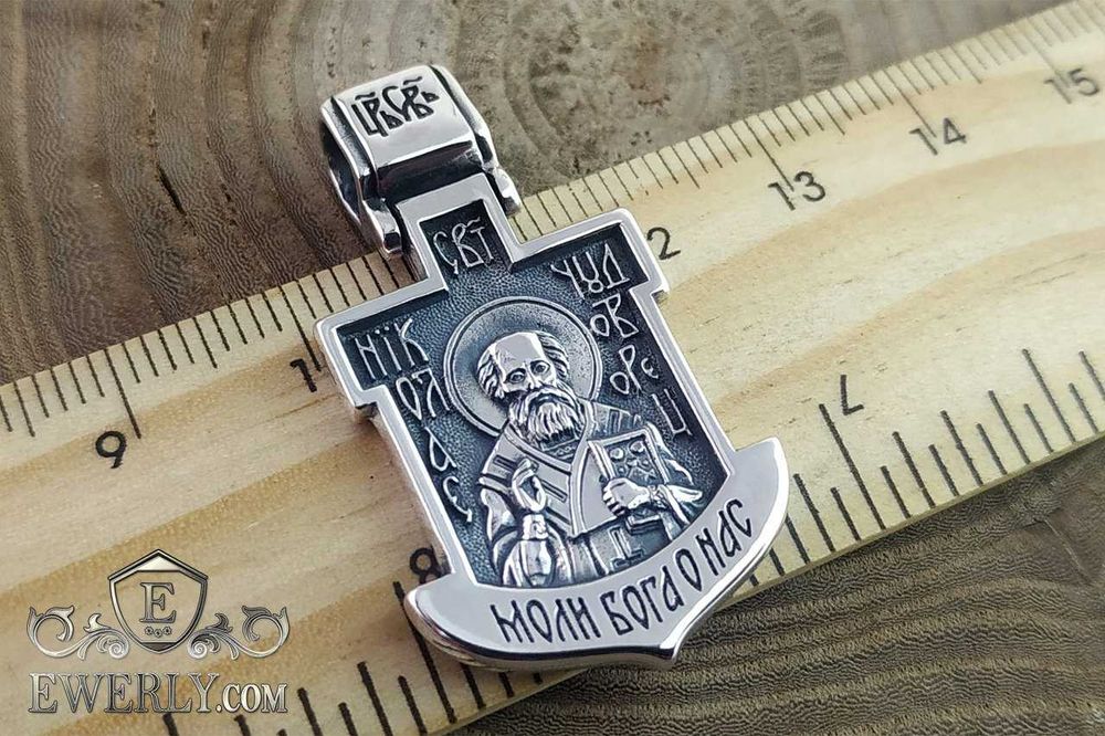 Мужская Серебряная ладанка, подвеска Николай Чудотворец + Распятие