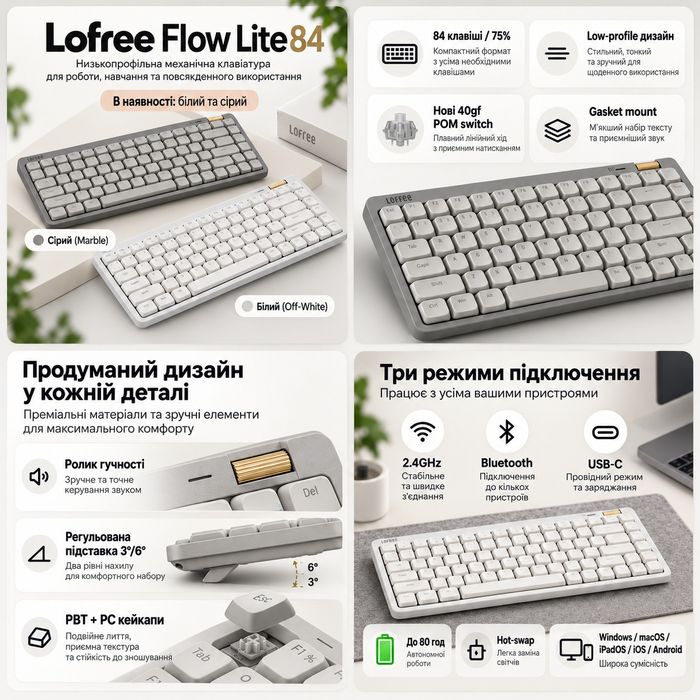 Lofree Flow Lite 84 (OE921) низькопрофільна механічна клавіатура. Преміум якість!