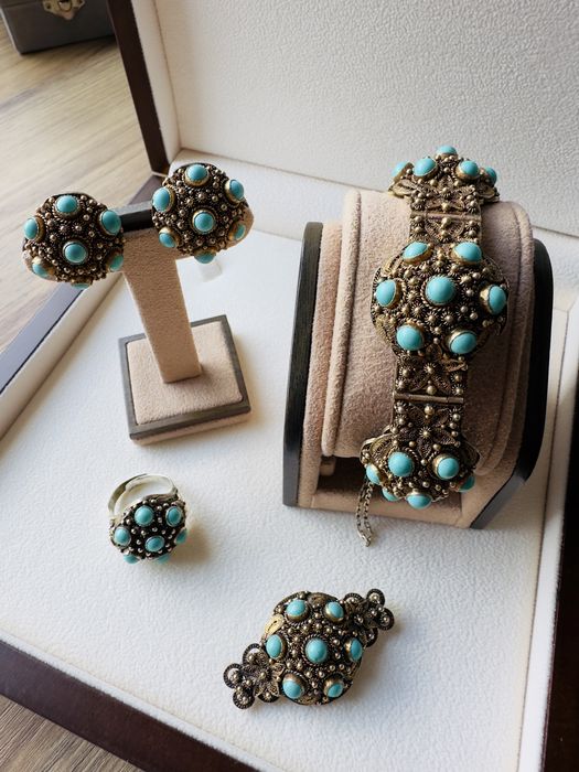 PRL, Zestaw srebrnej biżuterii z turkusem Chinka złocona