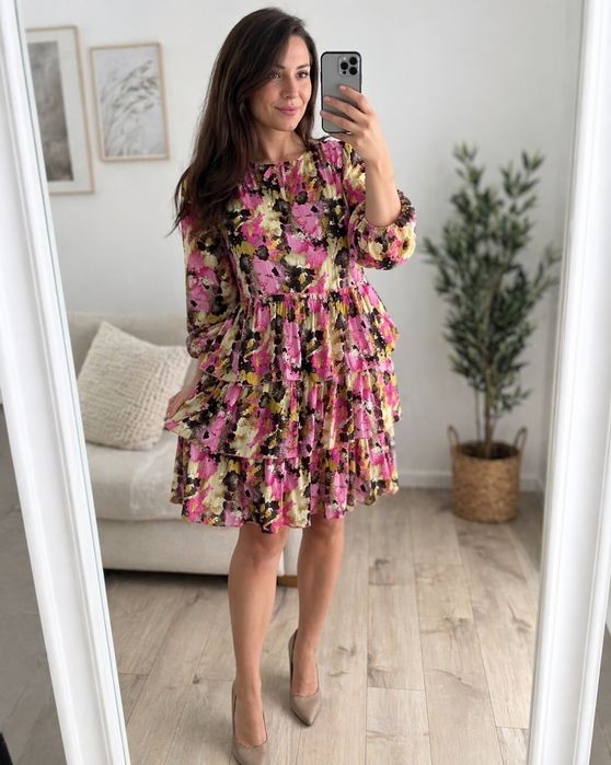 Sukienka damska kwiatowa falbany rozkloszowana S/M zwiewna HIT