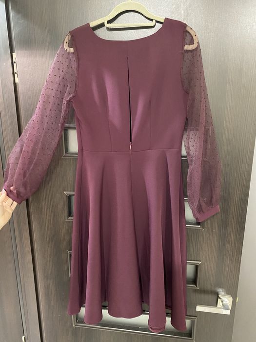 Платье бордовое миди с сетчатыми рукавами