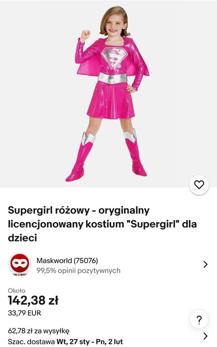 Strój SuperGirl licencja Bal balik Kostium 5-6 lat