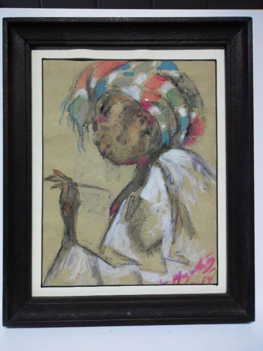 José Mergulhão - Aquarela - retrato de uma africana- assinado - 1964