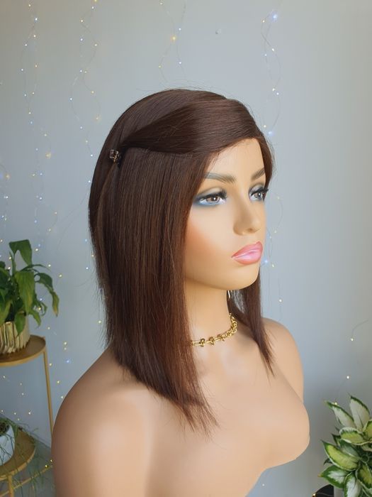 Peruka z włosów naturalnych w 100% naturlany brąz Anna long bob
