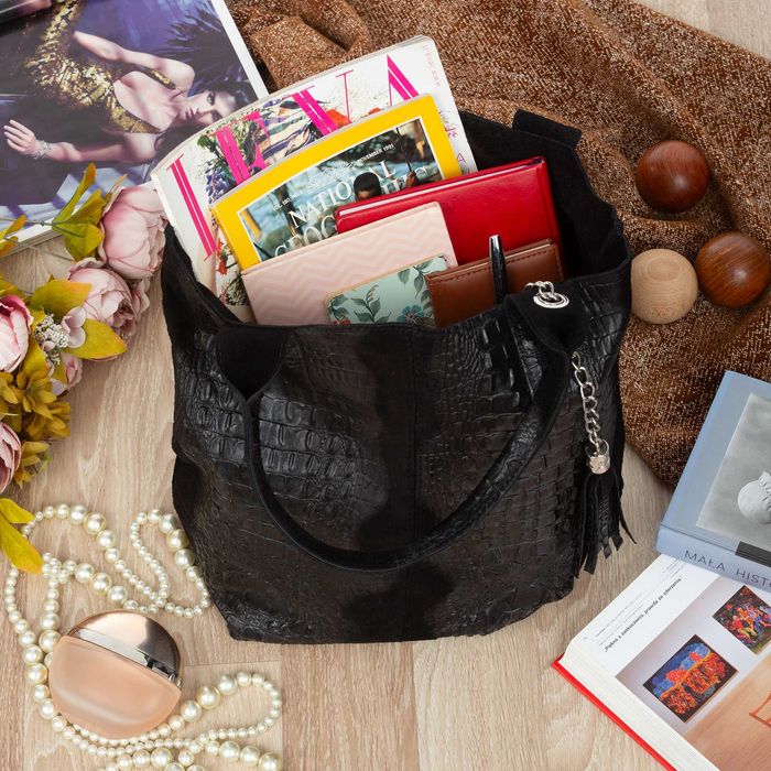 VERA PELLE torebka damska zamszowa shopper kroko na ramię V141 czarna