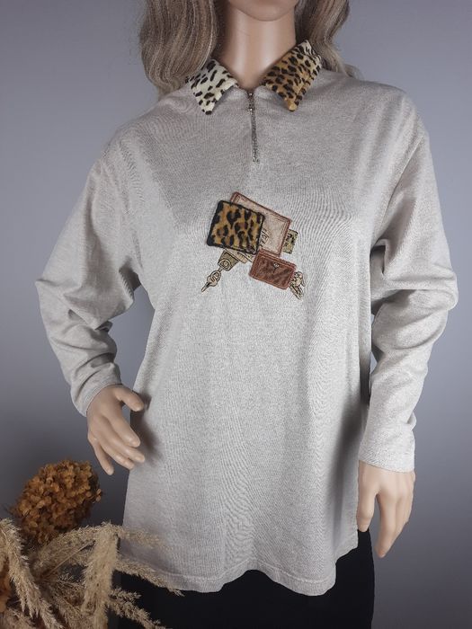 Bawełniana bluza z kołnierzykiem ciepła w panterkę cętki sweter