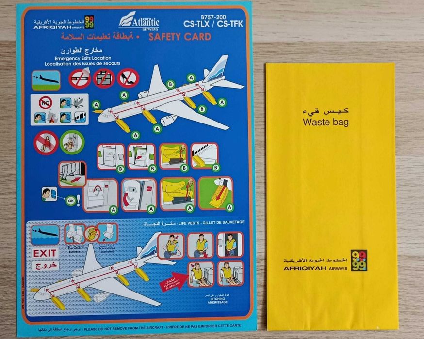 Afriqiyah Airways / EuroAtlantic Airways safety card B757-200 + waste bag