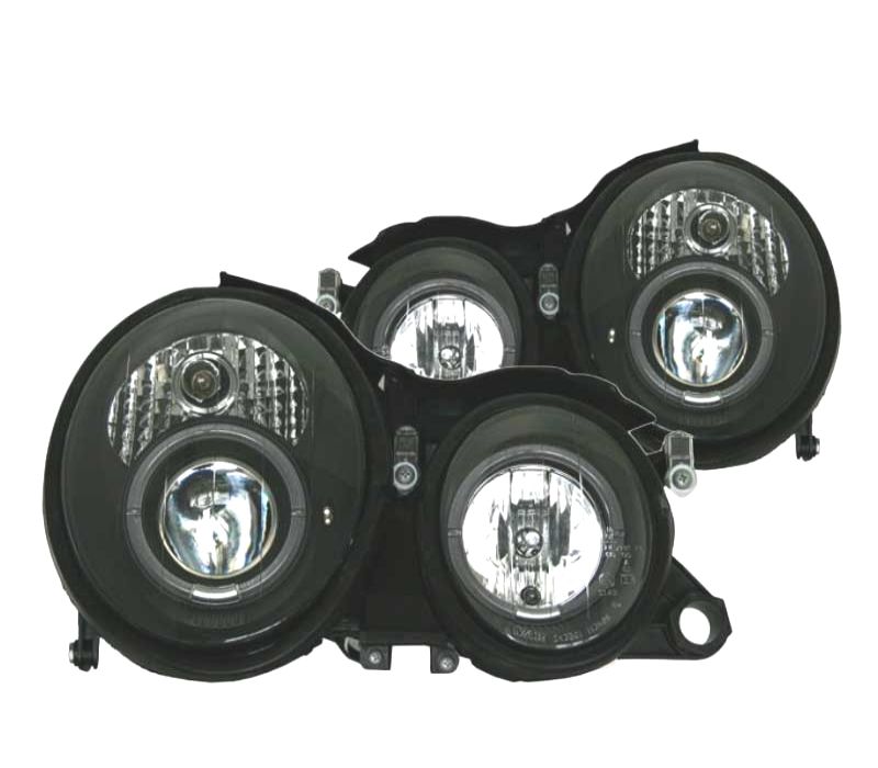 FARÓIS FRONTAIS ANGEL EYES MERCEDES CLK W208. FUNDO PRETO