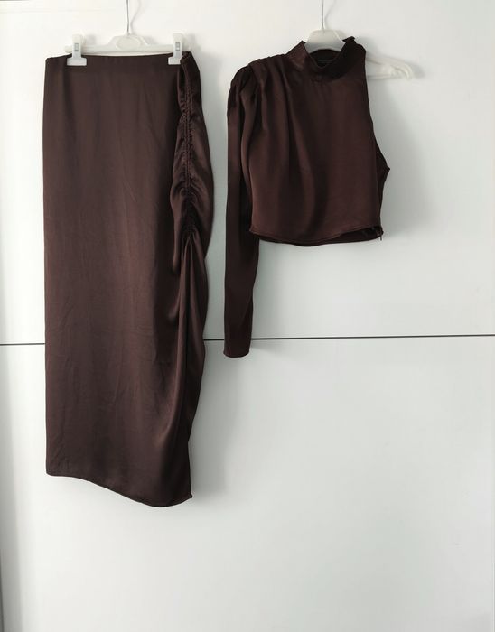Set Zara 34 XS brązowy czekoladowy spódnica bluzka top czekoladowy brązowy