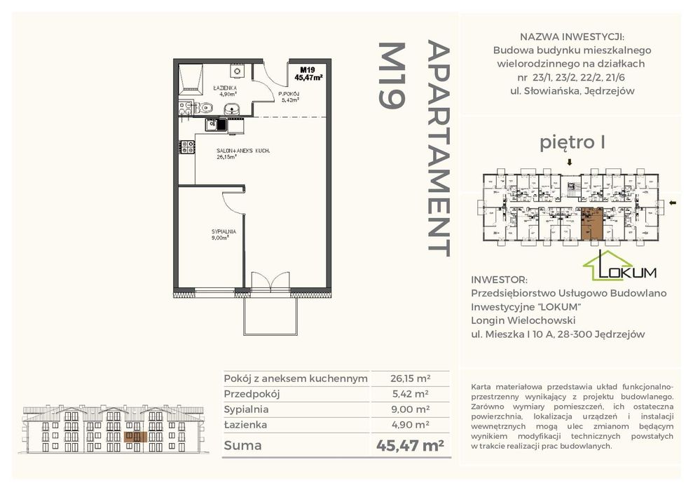 2 pokoje na I piętrze | 45,47 m2 | Klimatyzacja i podłogówka w standardzie | Słowiańska 27