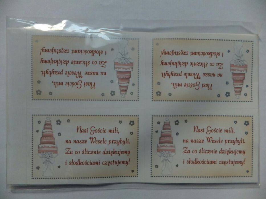 Naklejki na paczki z ciastem weselnym,podziekowanie dla gosci