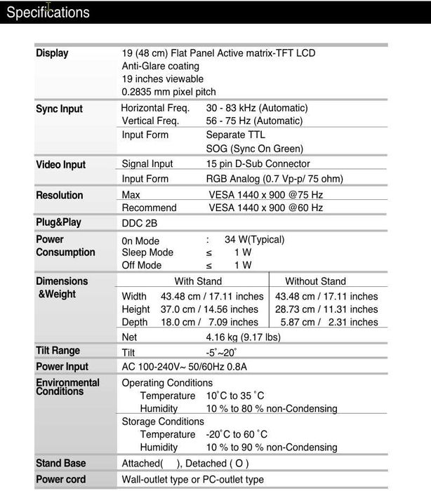 19" LCD Monitor with VGA – WXGA+ Resolution (1440x900/75Hz), VESA Mount Compatible – Good Condition!64550306682753121