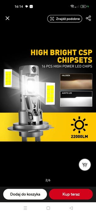 H7 żarówki samochodowe LED 2 szt. Canbus LED Auxito 2200 lumenów.