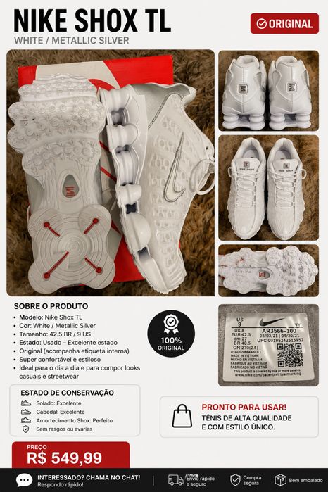 Nike Shox TL Original na cor Branco/Metallic Silver.