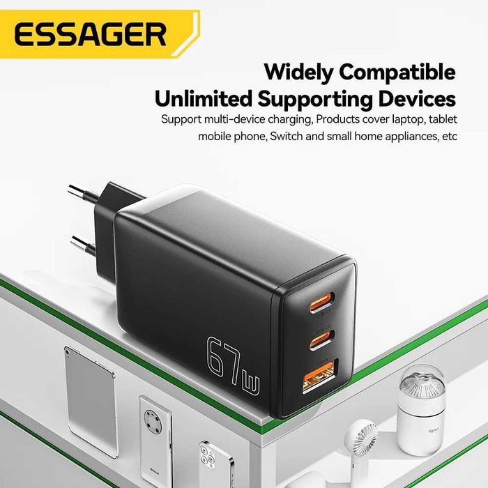 Потужний Зарядний пристрій Essager 67W GaN Charger 2C+U