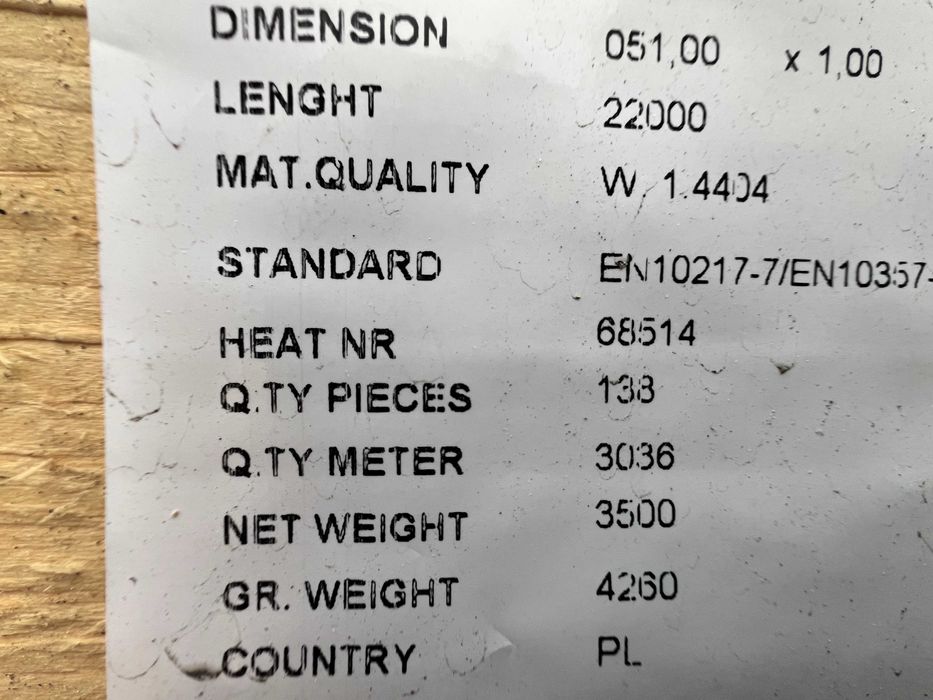 Sprzedam rury ze stali nierdzewnej 51x1.0 gat. 1.4404 AISI316