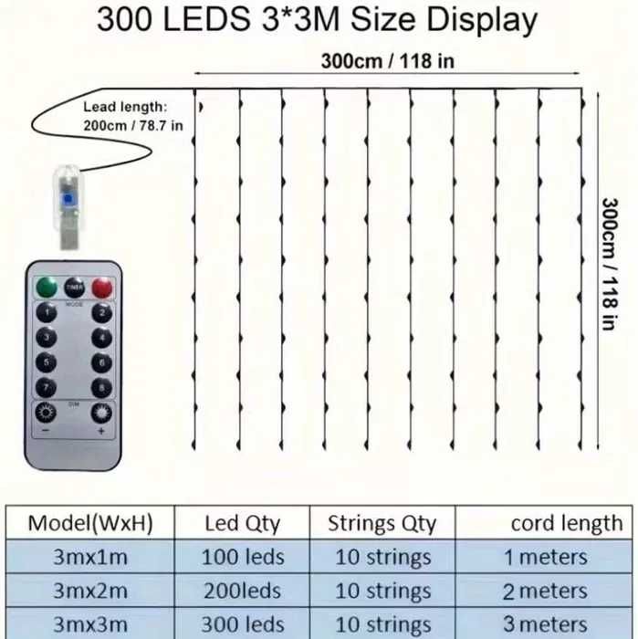 LAMPKI 300 LED 3x3m KURTYNA ŚWIETLNA BIAŁE ZIMNE 8 trybów pilot h230