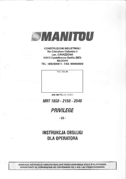 Instrukcja obsługi i konserwacji MANITOU MRT 1850, 2150, 2540