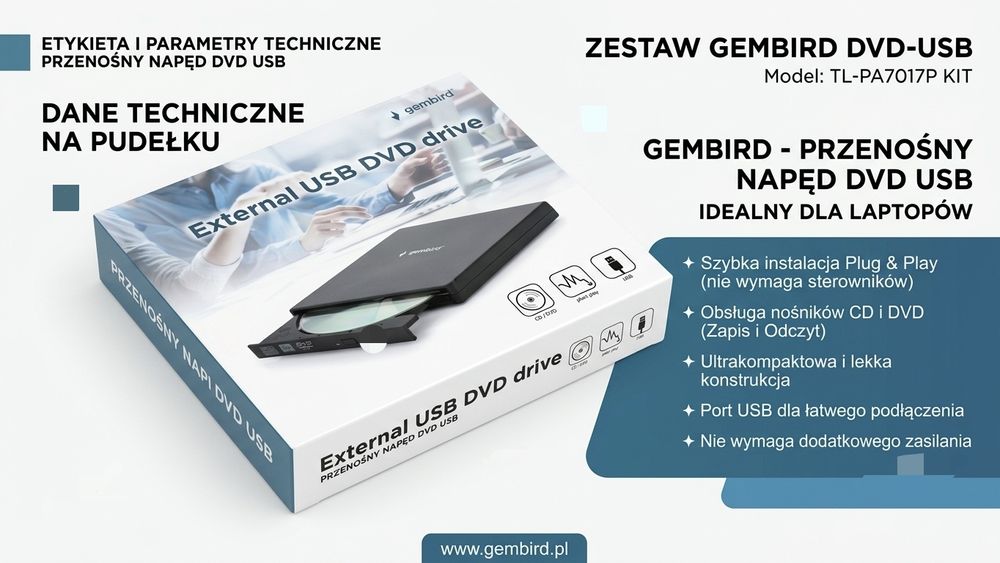 Zewnętrzny napęd nagrywarka CD/DVD USB Gembird (NOWY w folii)