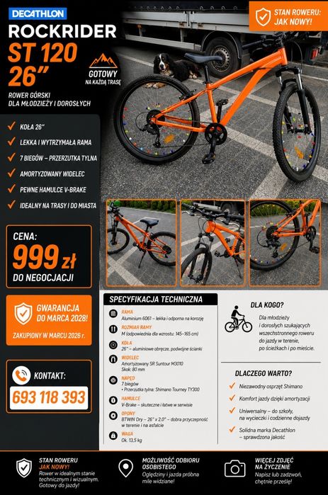 RowerRockrider ST 120 26" - jak nowy | Gwarancja do 03.2028 | Decathlon