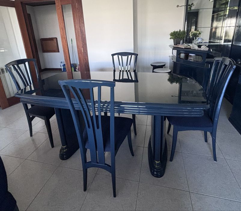 Mobília de Sala Completa em Azul Marinho Laqueado + Conjunto de Sofás (7 Peças)