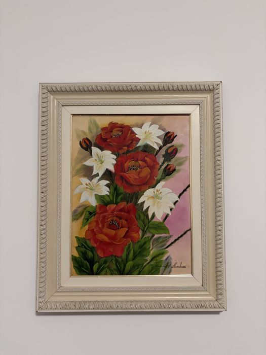 Quadro rosas em moldura de madeira clara