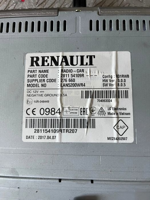 Radio Renault Trafic III 2017 Ref: 281154109R