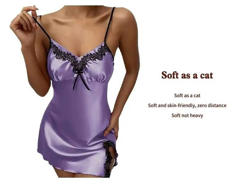 Damska piżama miękka satyna Deep V seksowna koszula fiolet rozmiar L