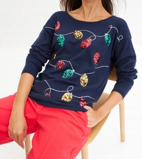 B.P.C sweter świąteczny granatowy z bombkami z cekinów 48/50.